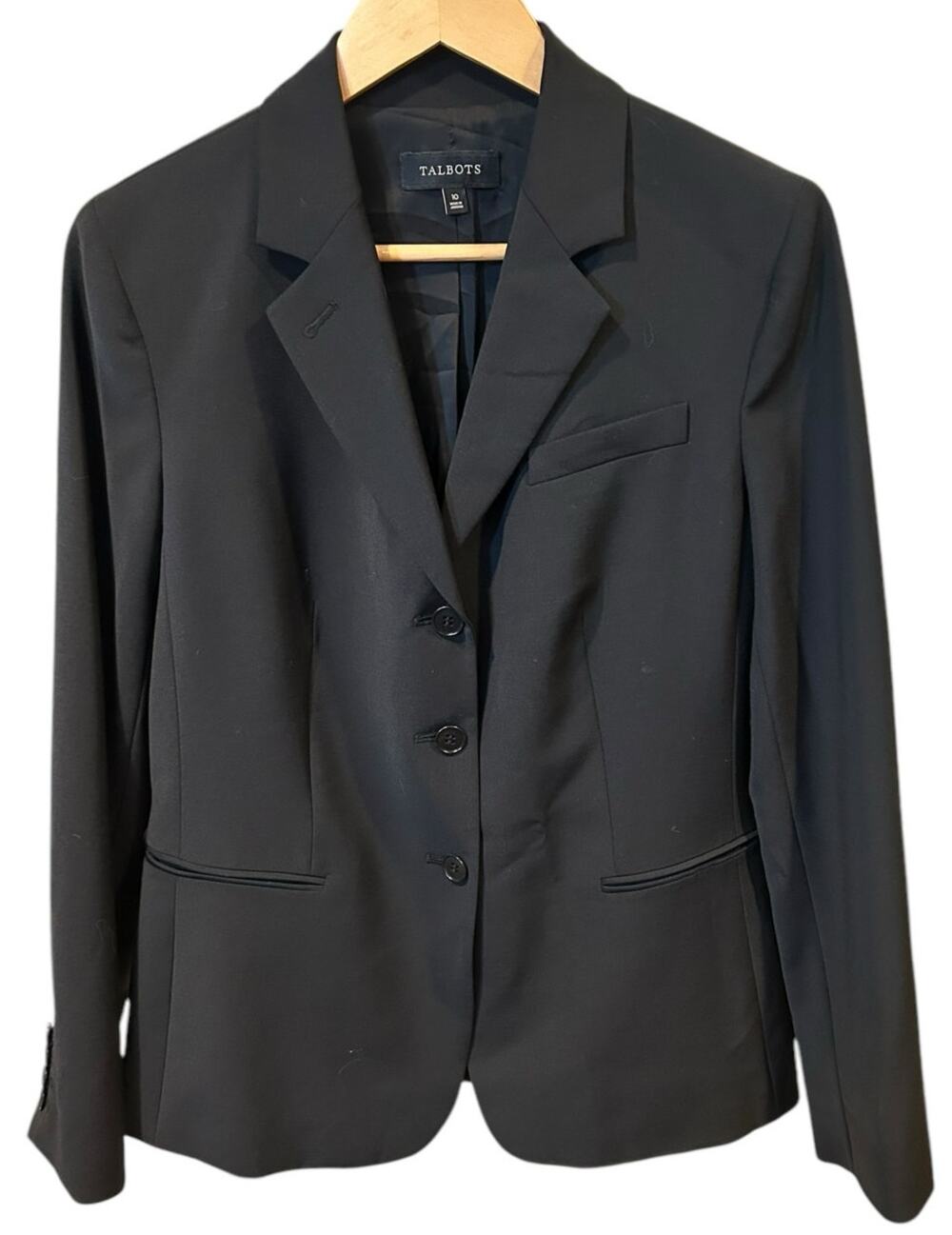 TALBOTS Black 3 Button Corpcore Wool Stretch Business Casual Blazer Size 10
